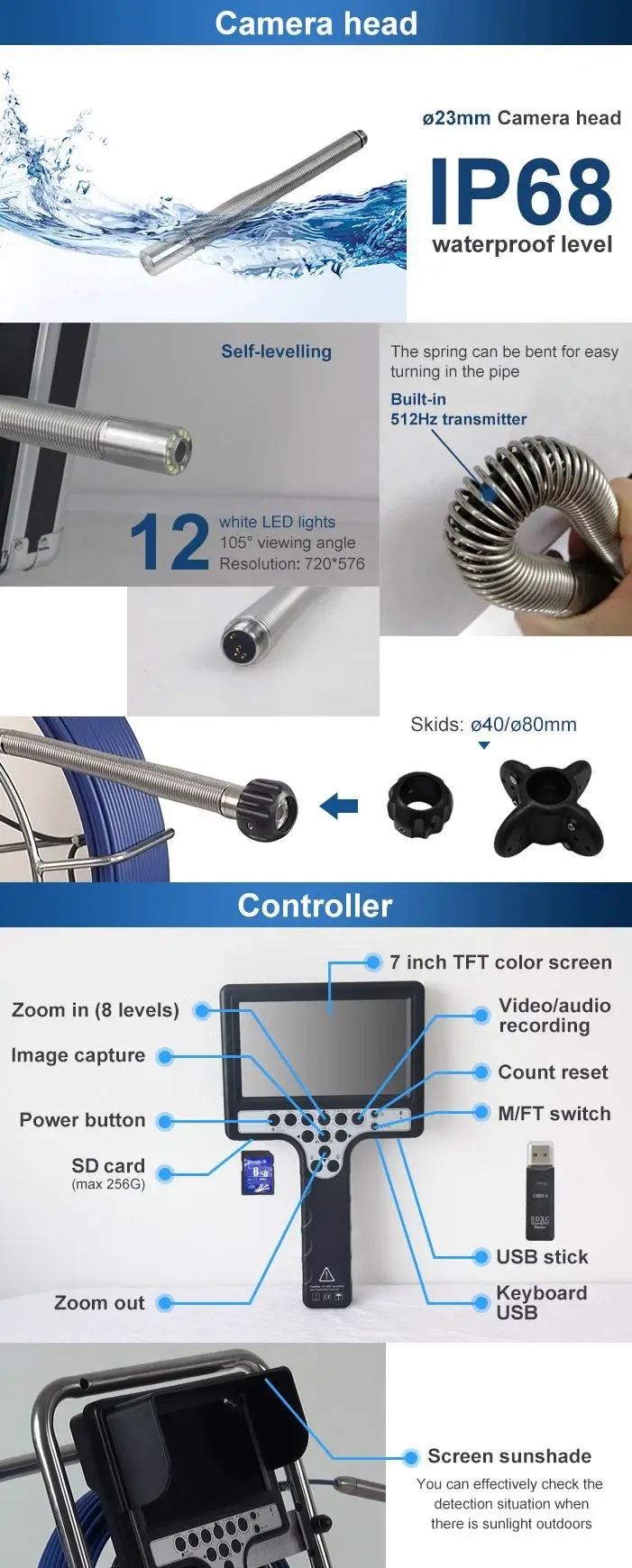 Pipe inspection camera, under pipe camera, borehole camera, sewer pipe camera, pipe checking image, endoscopy,